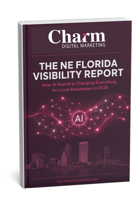 Book cover titled “The New Florida Visibility Report” with a dark purple cityscape and glowing AI network graphic
