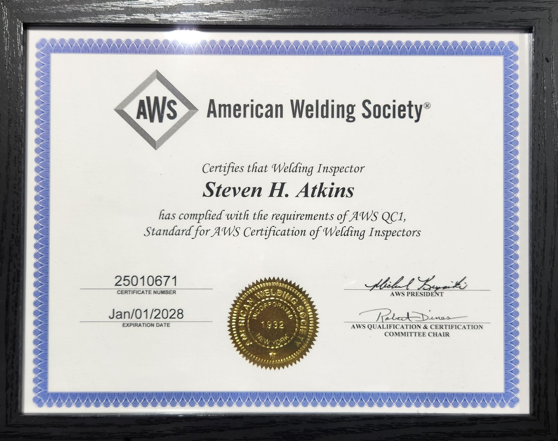AWS welding inspector certificate. Name: Steven H. Atkins, certification details visible.