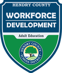 Hendry County Workforce Development logo: blue/green shield with text and tree graphic.