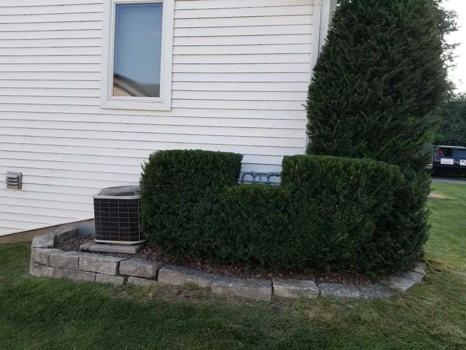 House exterior with a white wall, window, and neatly trimmed hedges around an air conditioner unit.