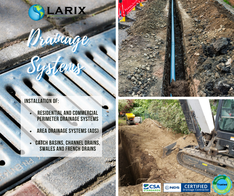 Get your drainage services over with... 3 images in a grid displaying the drainage system services at Larix Landscape the company's credentials