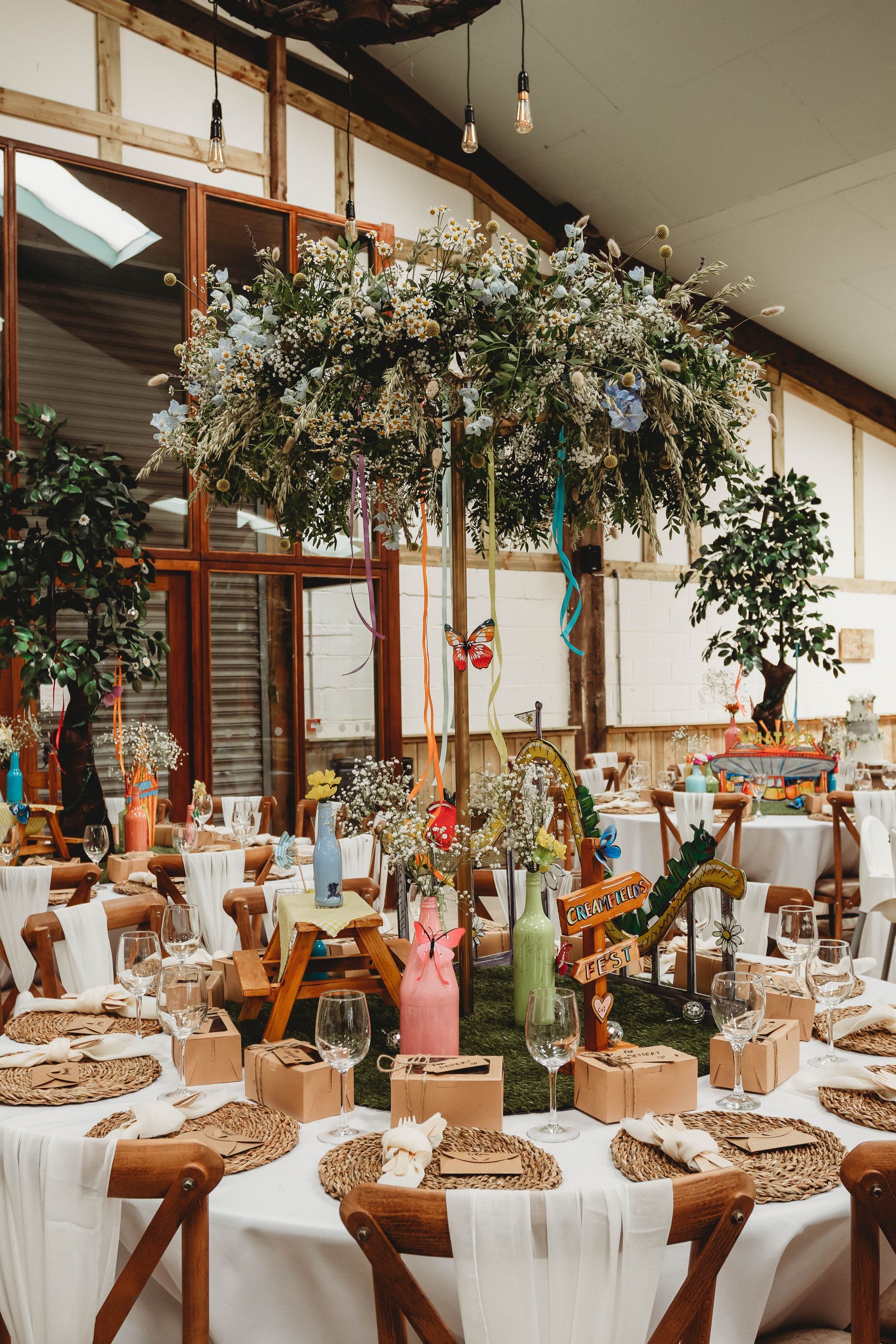 A room filled with tables and chairs decorated for a wedding reception.