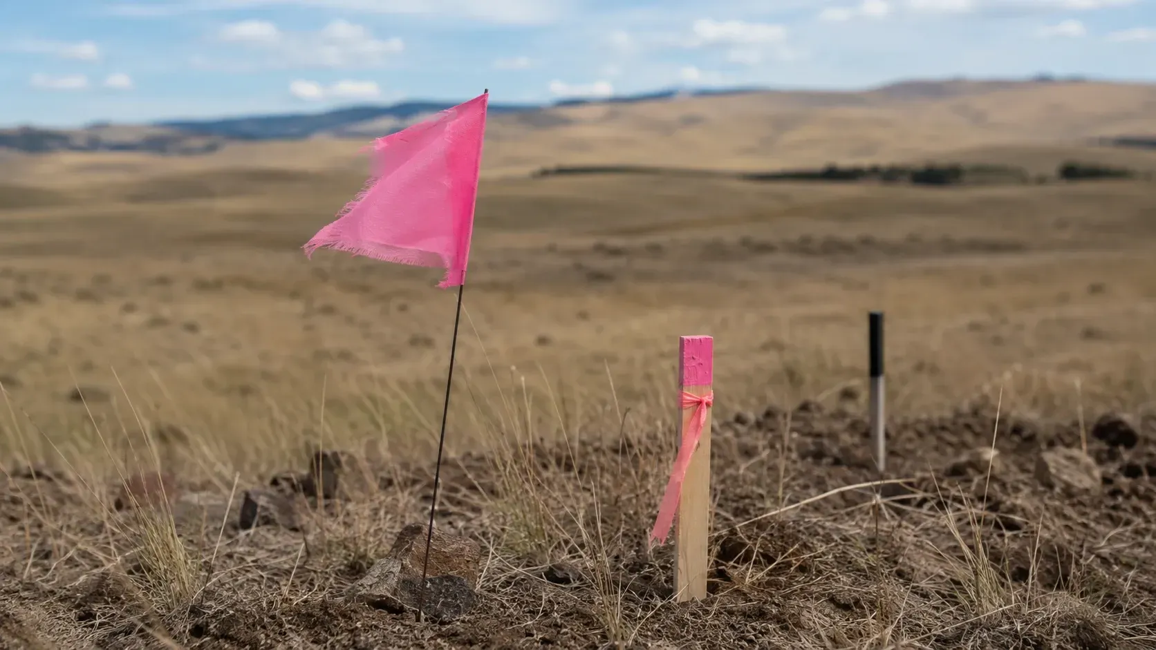 Survey flags marking a rural Wyoming building site