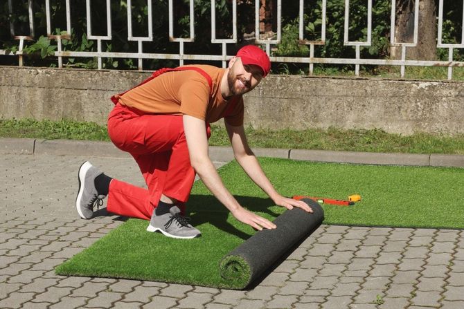 A person in red overalls kneels on a stone path, unrolling a section of artificial grass.