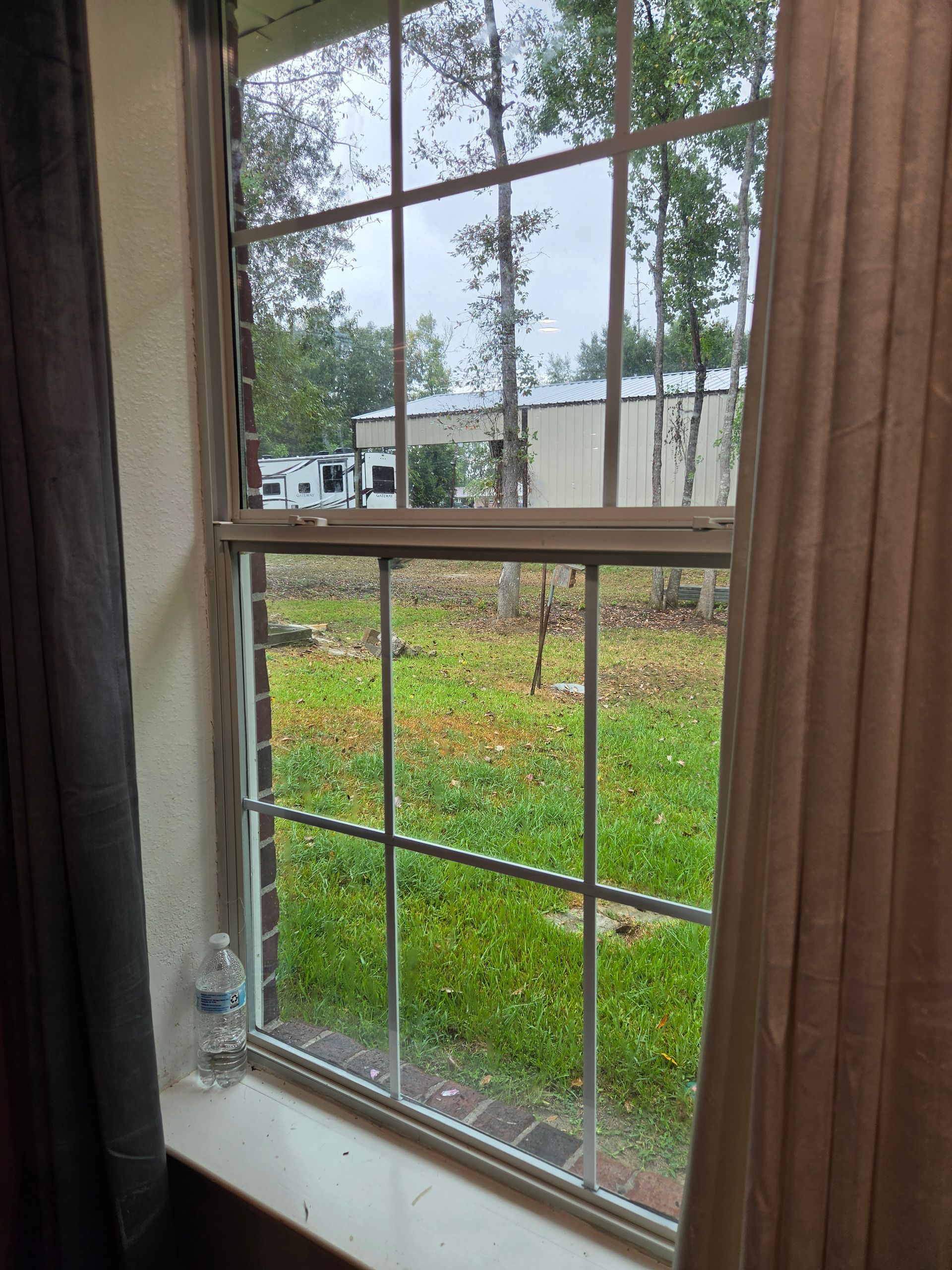 View through a window with tree branches, green grass, and a white truck outside