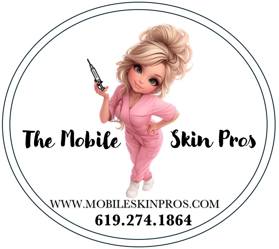logo for the mobile skin pros, cartoon nurse standing in a circle with the business name inside circle by the cartoon nurse