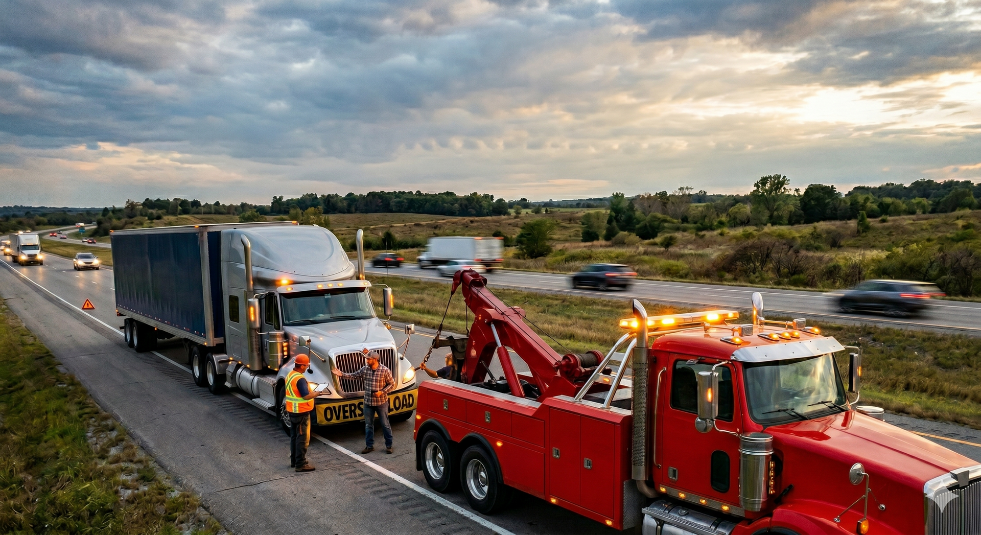 Tow truck towing a semi-truck on a highway shoulder at dusk with traffic passing by