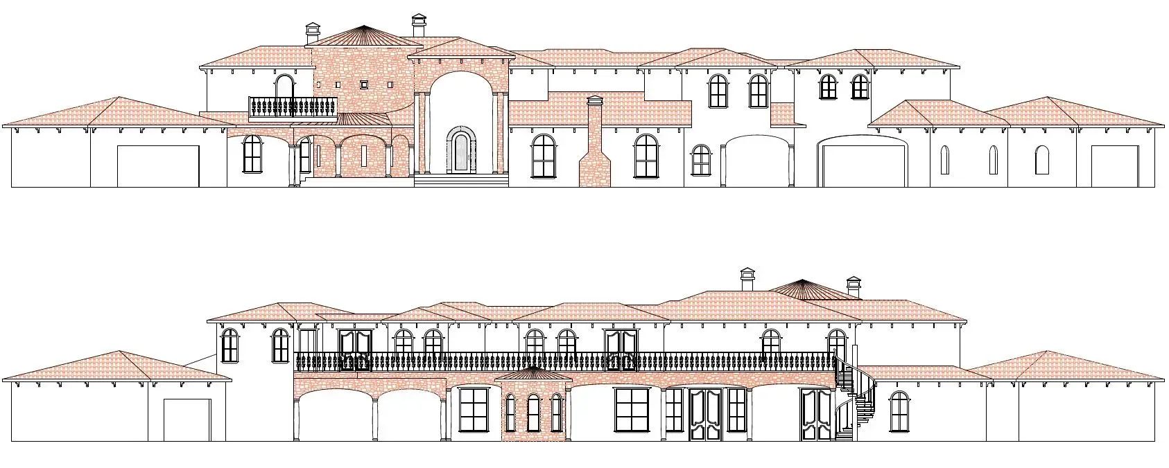 A black and white drawing of a house with a red tile roof