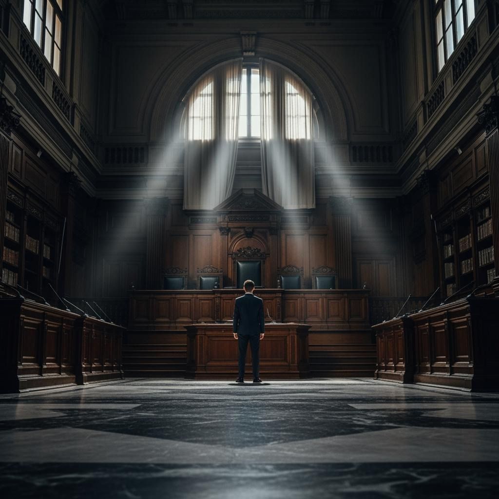Professionista solo davanti a un'aula di tribunale vuota.