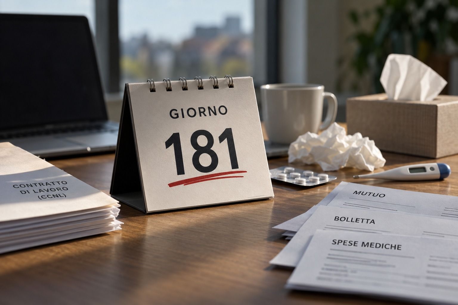 Calendario 181, contratto di lavoro, farmaci e documenti di mutuo, bollette e spese.