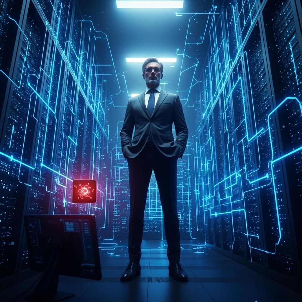 Imprenditore all'interno di un data center illuminato di linee blu, simbolo di Cybersecurity