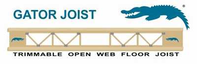 GATOR JOIST logo with blue alligator above beige trimmable open web floor joist graphic