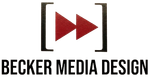 Logo for Becker Media Design featuring two red forward-pointing triangles inside black square brackets.