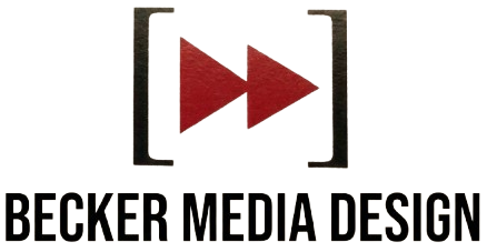 Logo for Becker Media Design featuring two red forward-pointing triangles inside black square brackets.