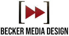 Logo for Becker Media Design featuring two red forward-pointing triangles inside black square brackets.