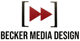Logo for Becker Media Design featuring two red forward-pointing triangles inside black square brackets.