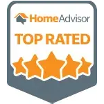 HomeAdvisor Top Rated badge featuring orange stars and text on a grey shield background.