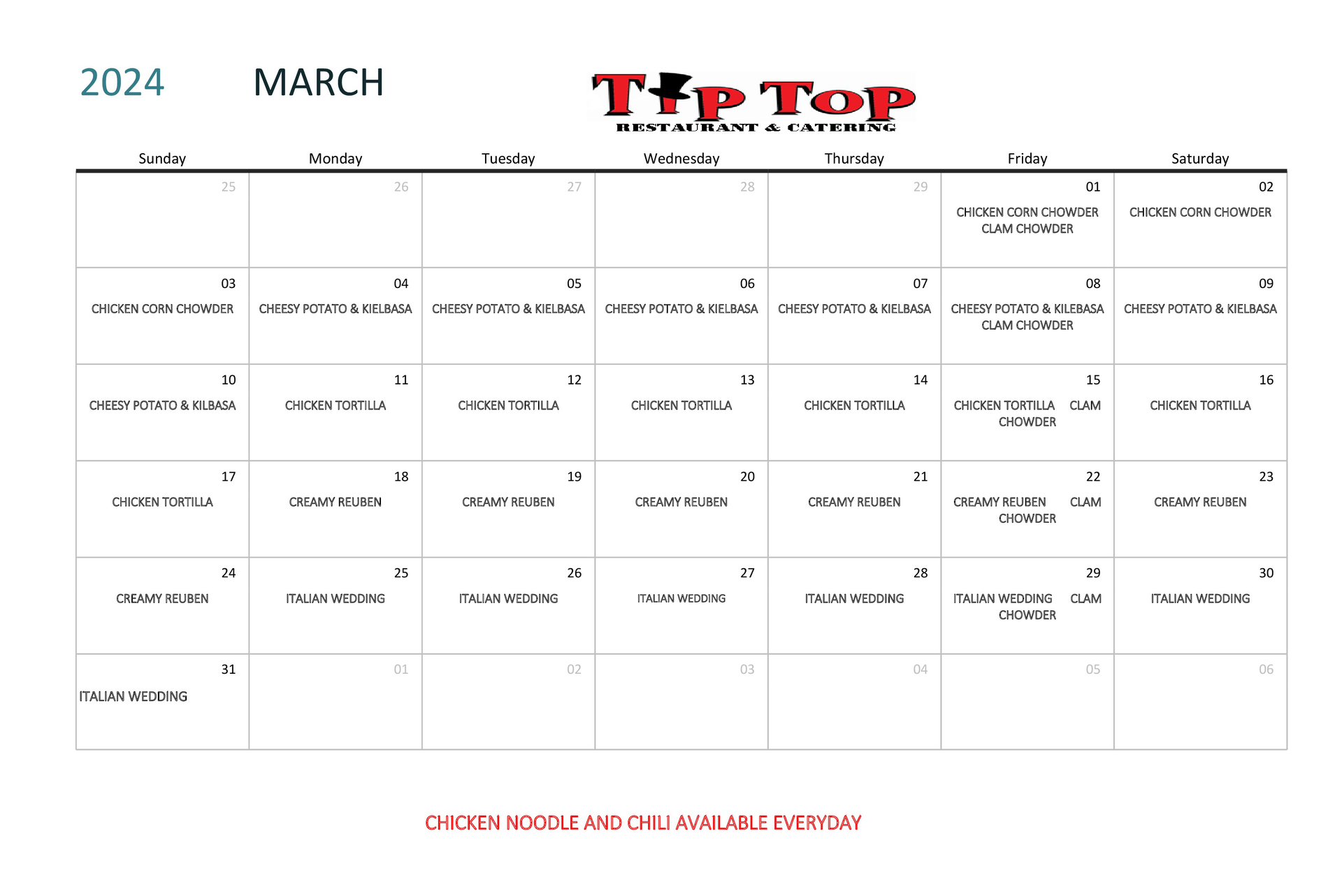 Specials Tip Top Restaurants & Catering