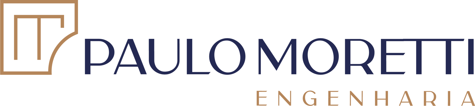 Logotipo da Paulo Moretti Engenharia com inicial estilizada e texto em azul marinho e bege.