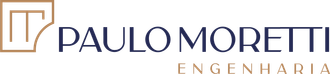 Logotipo da Paulo Moretti Engenharia com inicial estilizada e texto em azul marinho e bege.