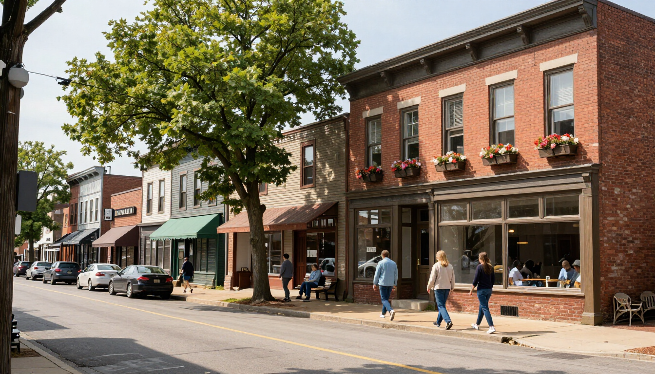photorealistic small town street in Dundas Minnesota during a peaceful afternoon with historic buildings and trees