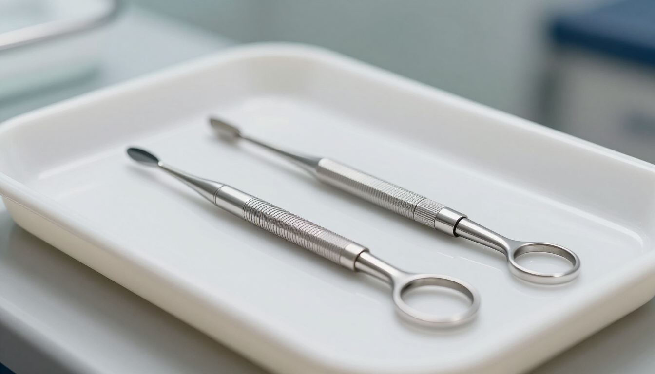 Professional medical tools for foot care on a sterile white tray