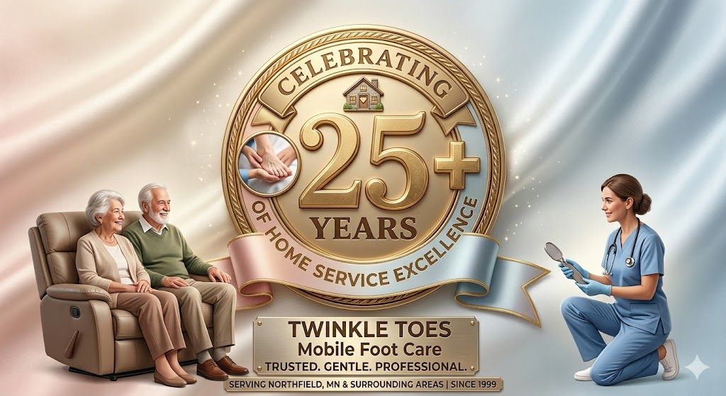 An elderly couple sits in a chair while a healthcare professional prepares to provide mobile foot care.