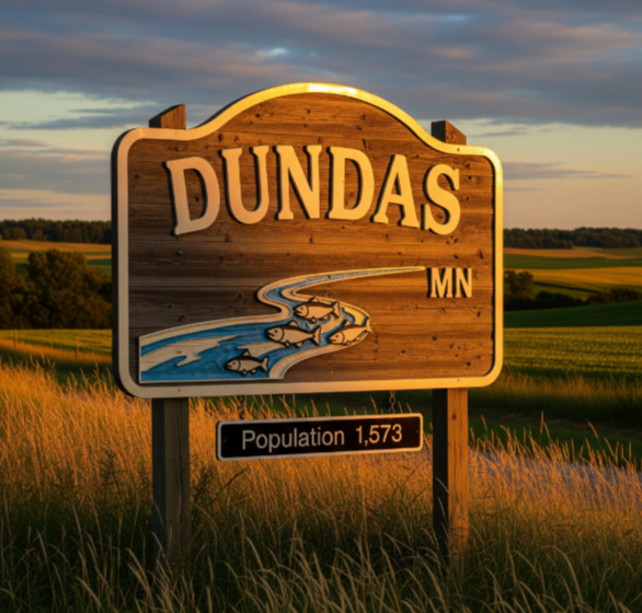 Dundas, Minnesota town sign with wheat field and sunset sky; population 1,573