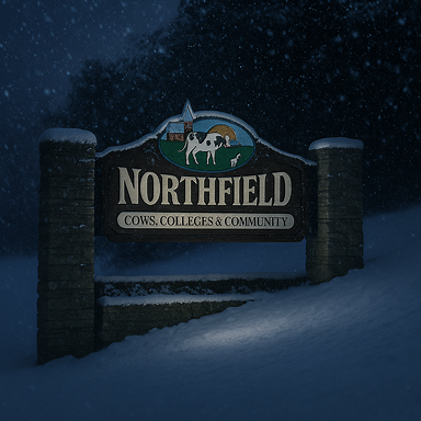 Northfield, Minnesota, sign in winter snow;