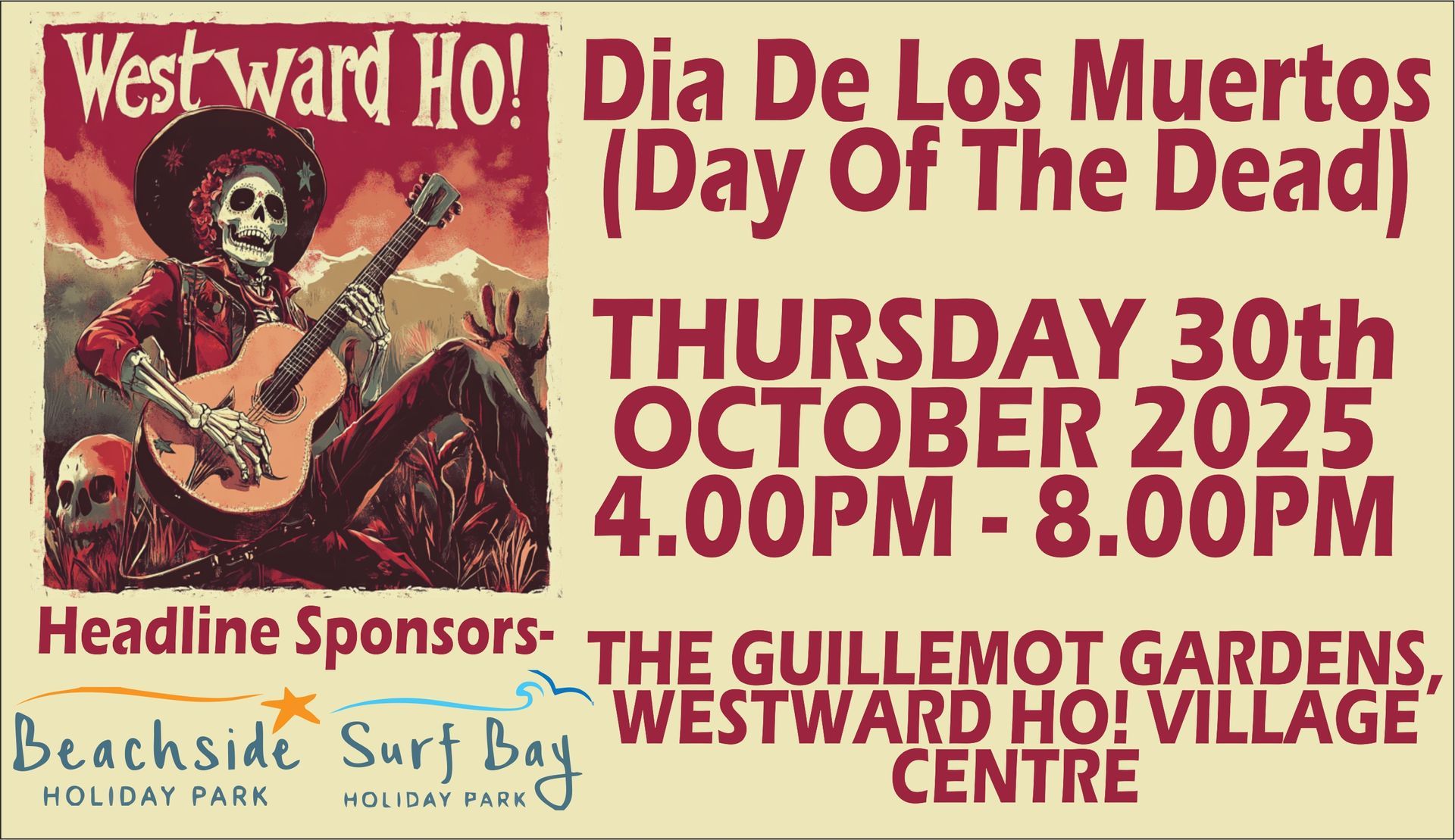 Day of the dead festival 2025 held in Westward Ho! Devon sponsored by Surfbay holiday park and Beachside holiday park.