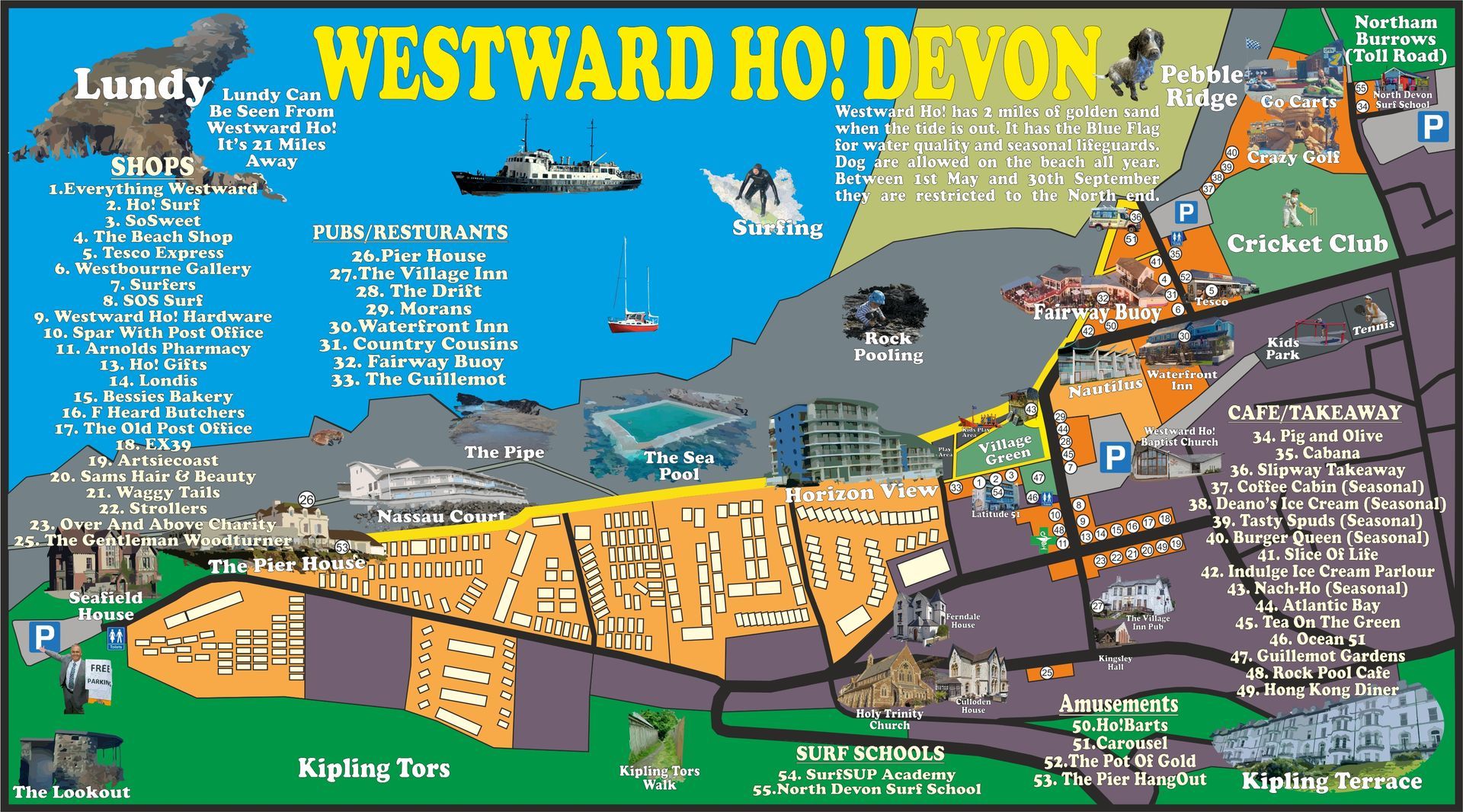 Map of Westward Ho! North Devon includes all toilets, pubs, resturants, takeaways, amusements, shops and things to see and do