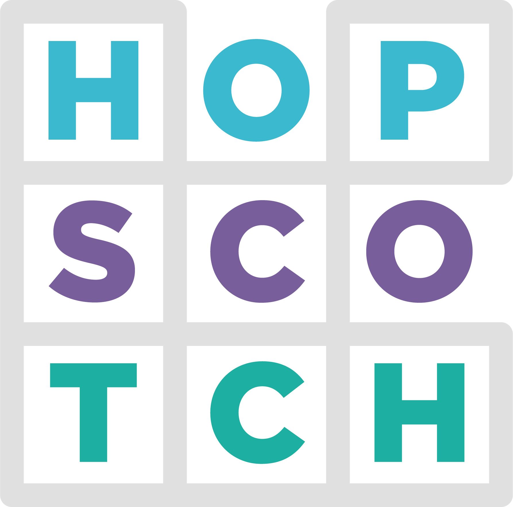 3x3 grid of teal and purple letters spelling HOP, SCO, and TCH on white tiles