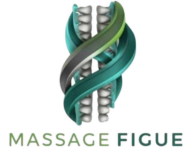 Logotipo de Massage Figue con una columna vertebral gris envuelta en cintas de color verde azulado y verde.