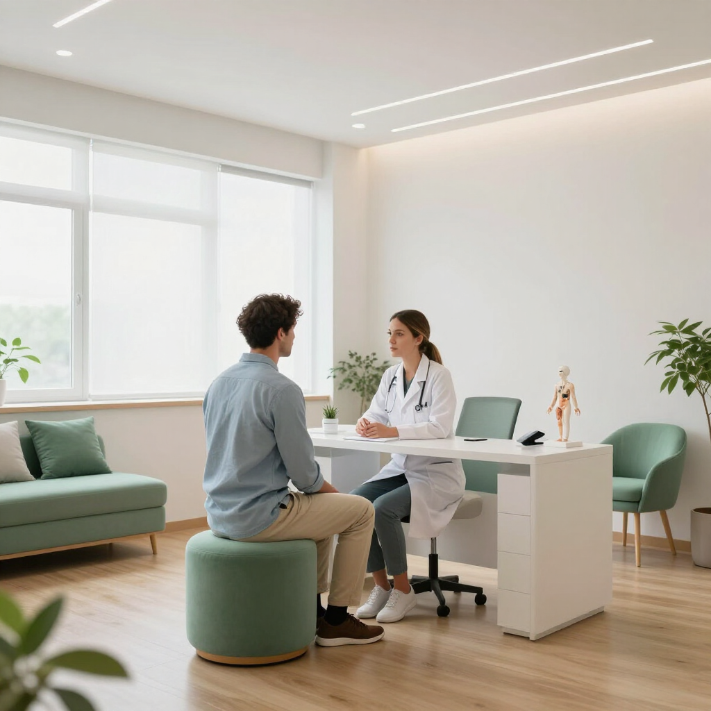 Médico atendiendo a un paciente sentado en una clínica luminosa y moderna.