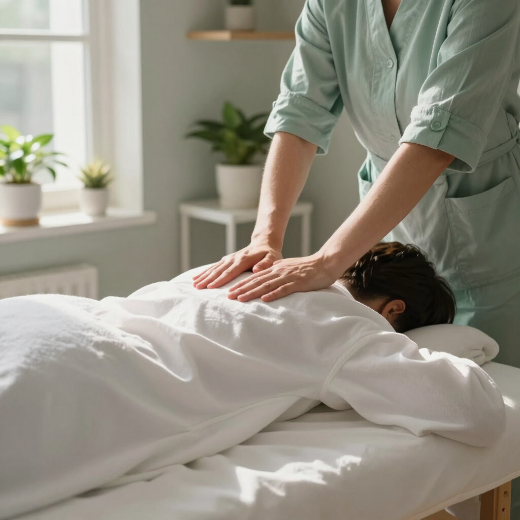 Masajista realizando un masaje de espalda a una persona tumbada bajo una manta blanca en una luminosa sala de spa.
