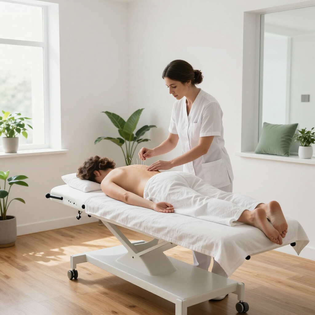 Masajista trabajando en un cliente en una camilla de tratamiento en una luminosa sala de spa.