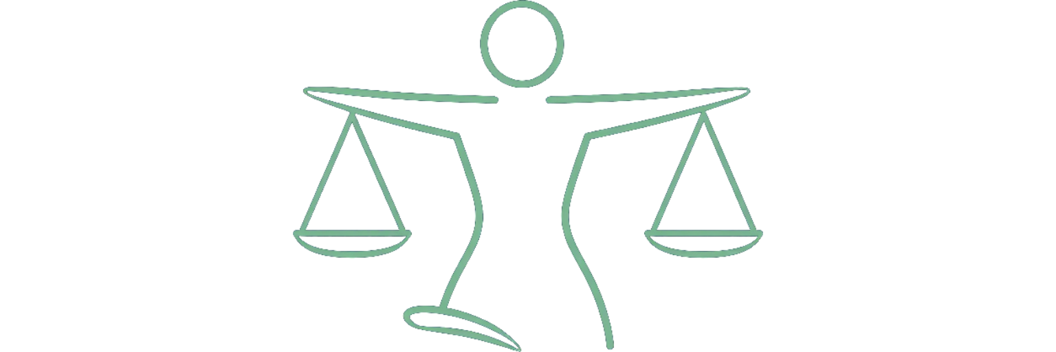 Icono de línea verde de una balanza equilibrada con una figura parecida a una persona encima.