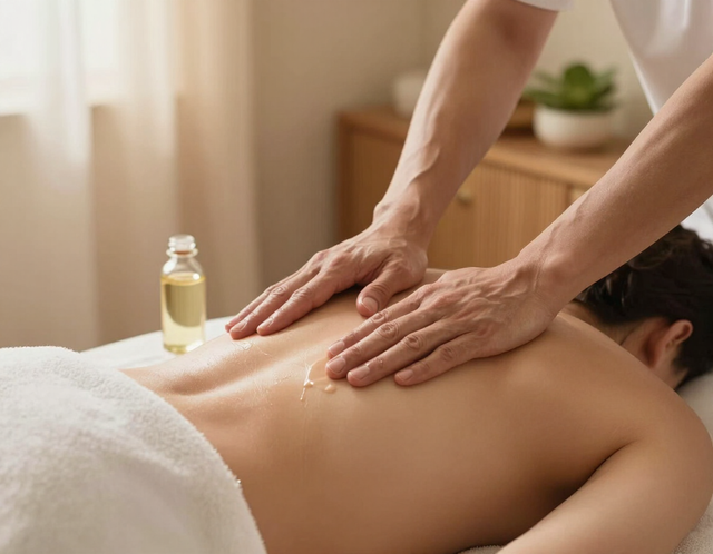 Masajista aplicando aceite y masaje de espalda a un cliente sobre una toalla en una sala de spa.
