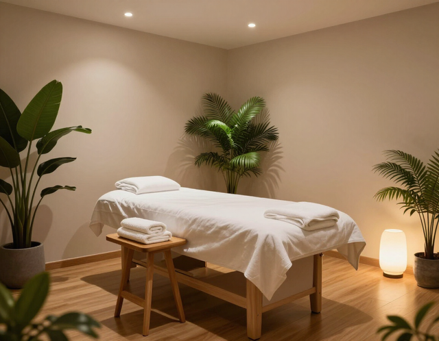 Sala de tratamientos de spa con camilla de masaje, toallas dobladas, plantas en macetas e iluminación cálida.
