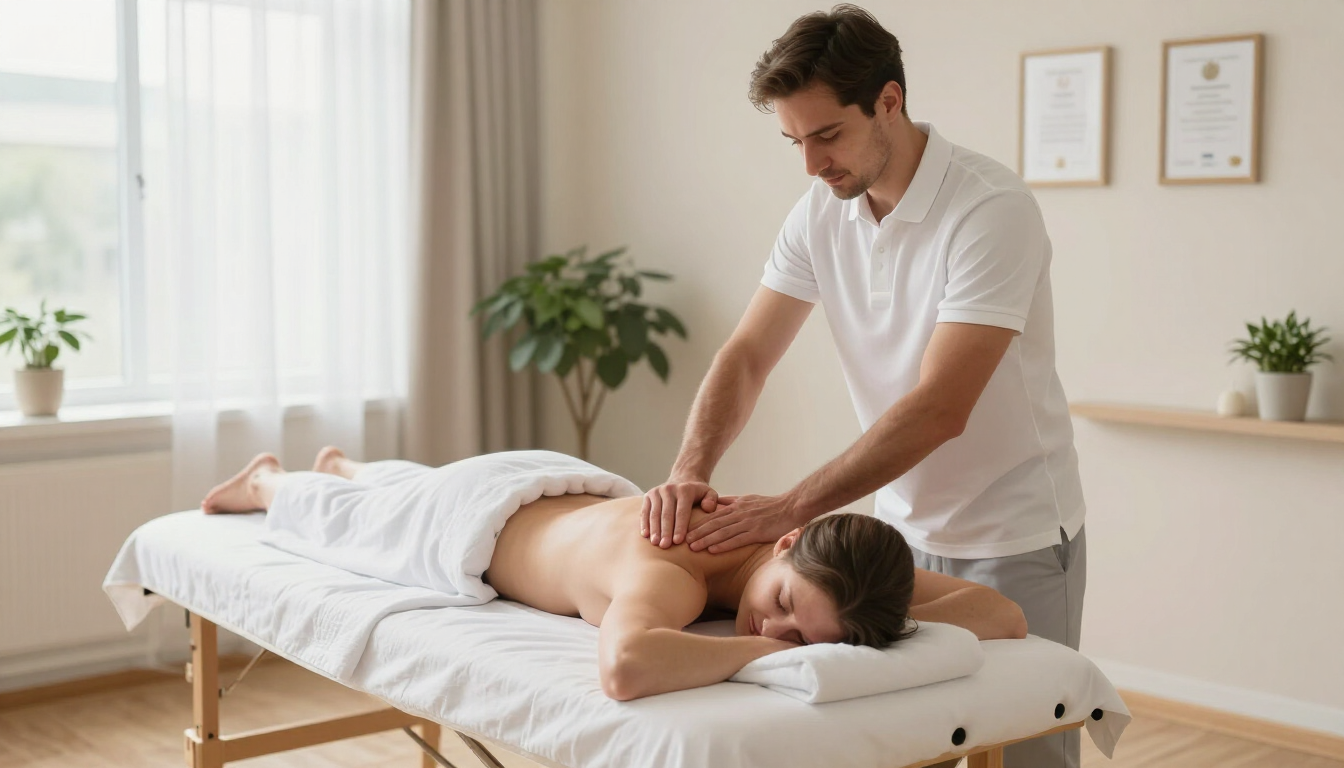 Masajista dando un masaje de espalda a un cliente en una camilla de tratamiento en una luminosa sala de spa.