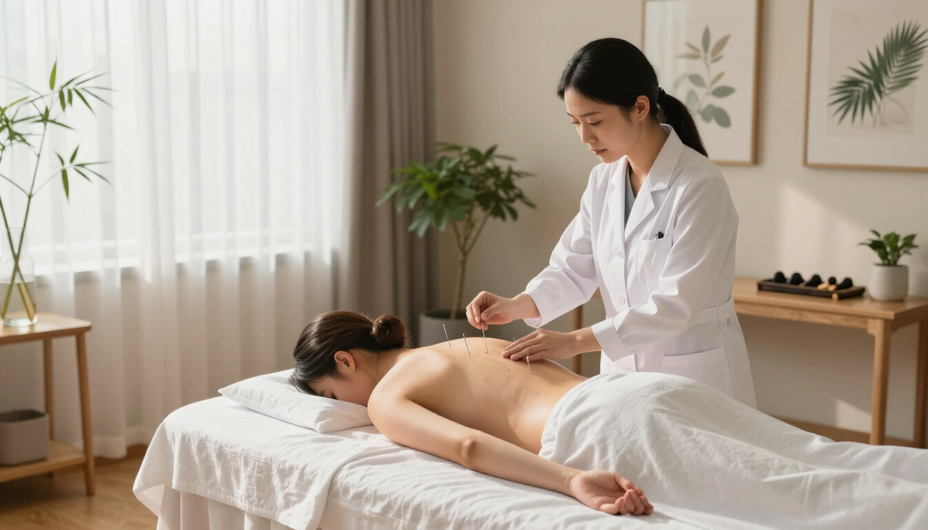 Masajista atendiendo a un cliente en una camilla de masaje en una luminosa sala de spa.