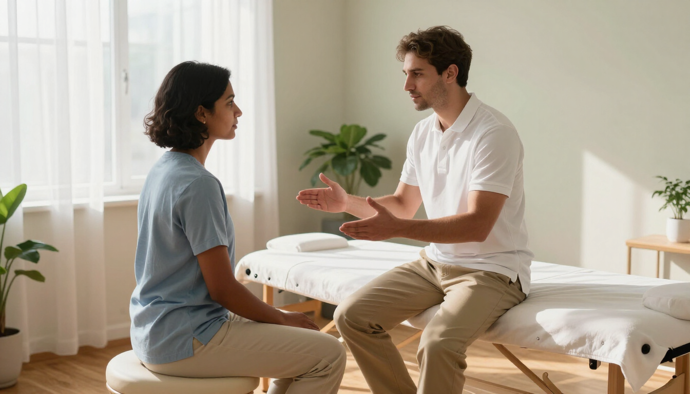 Dos personas conversando en una habitación luminosa durante una sesión de terapia, sentadas junto a una camilla.
