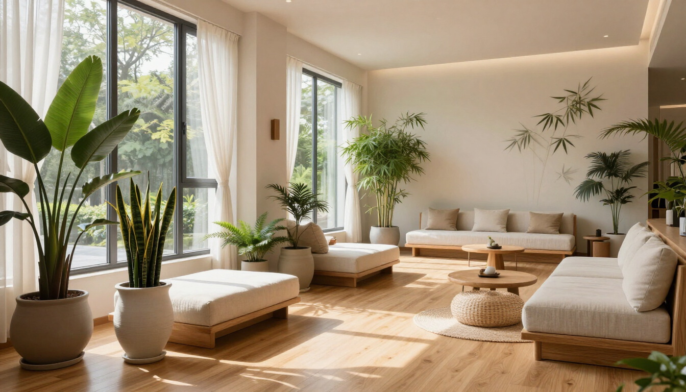 Sala de estar luminosa y soleada con grandes ventanales, plantas en macetas, sofás beige y suelos de madera clara.
