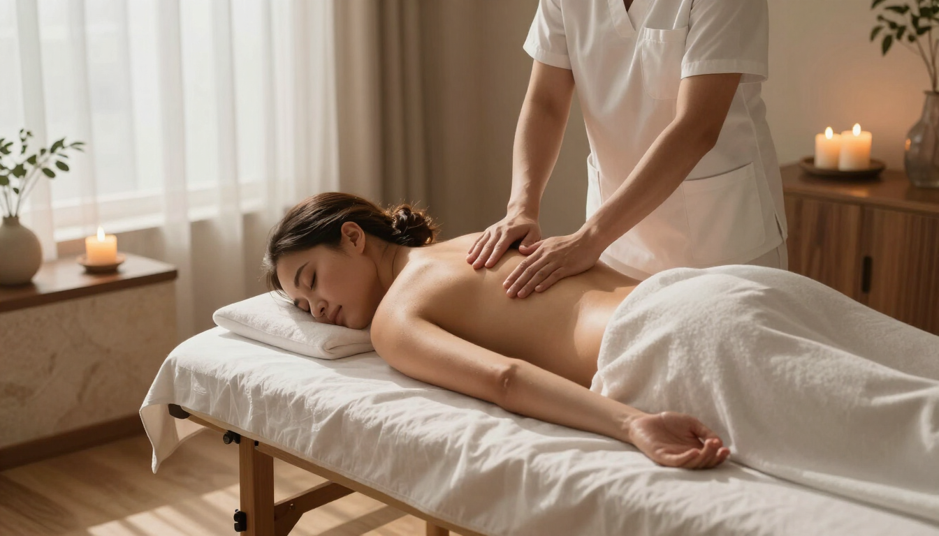 Masajista dando un masaje de espalda a un cliente en una camilla de spa en una habitación tranquila con velas.