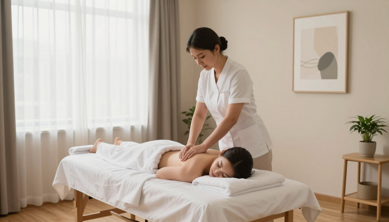 Masajista trabajando en un cliente en una camilla de tratamiento en una luminosa sala de spa.
