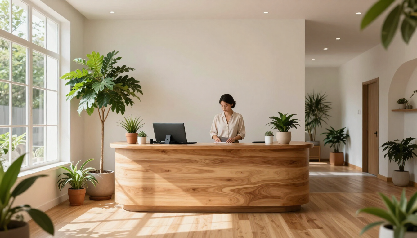 Mostrador de recepción luminoso en una oficina moderna y soleada con plantas en macetas y una persona trabajando detrás.