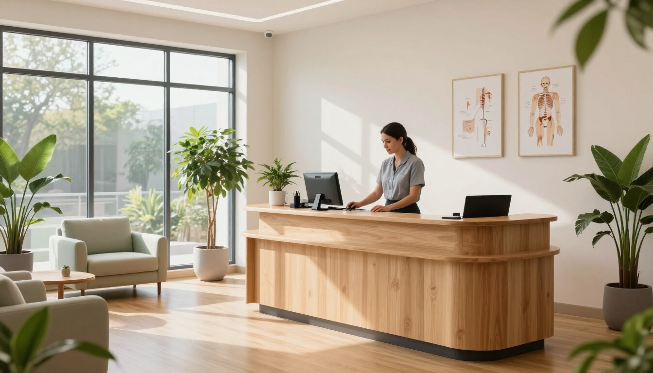 Luminosa y moderna zona de recepción con una mujer en un escritorio de madera, plantas y luz natural que entra por grandes ventanales.