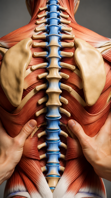 Ilustración anatómica de los músculos de la espalda humana con la columna vertebral centrada en color azul.