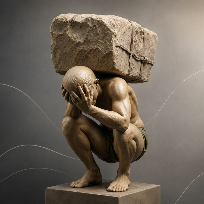 Escultura de aspecto bronceado que representa una figura agachada que carga un pesado bloque de piedra, con la cabeza entre las manos, sobre un pedestal.