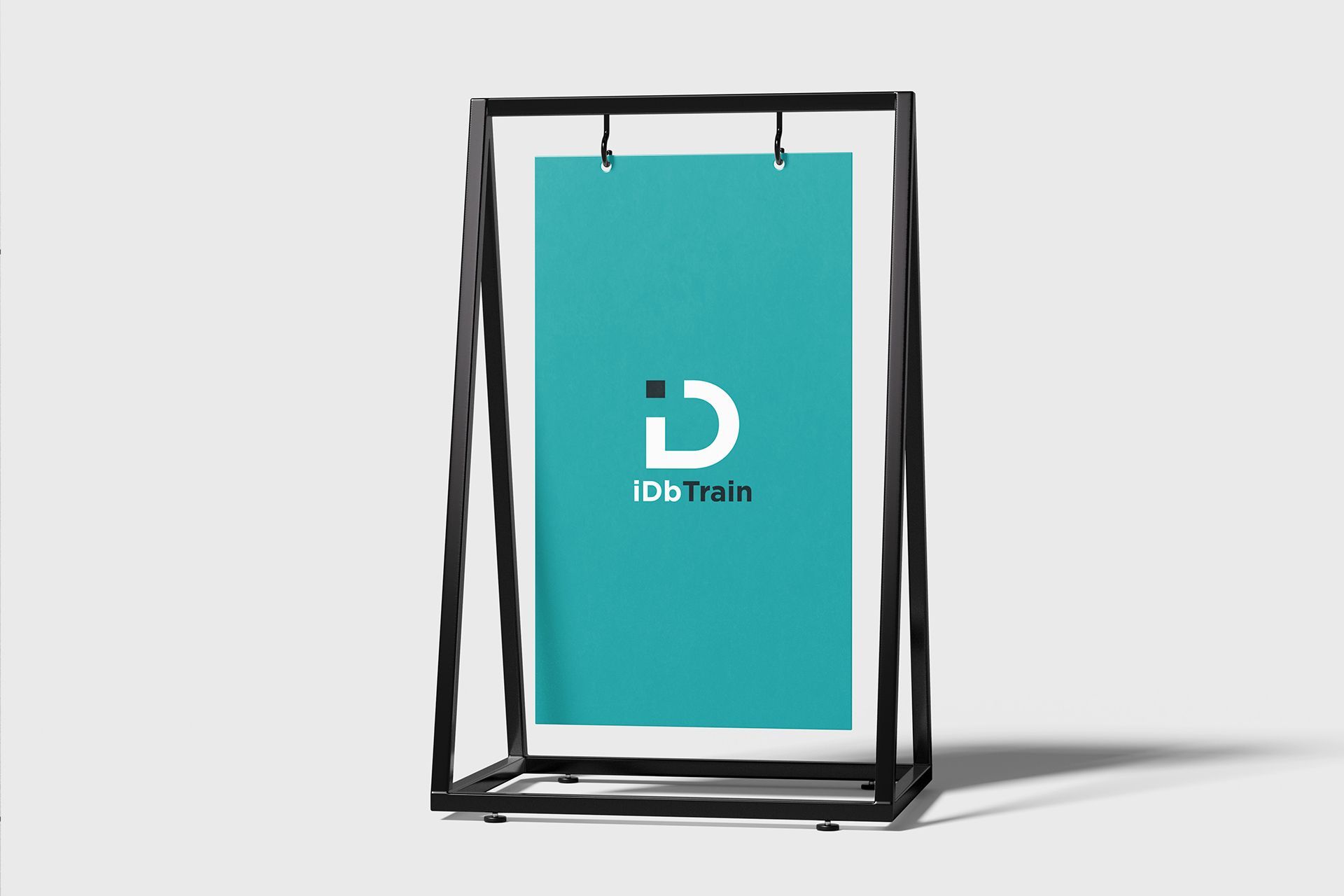 Black metal A-frame sign with a teal poster, featuring a logo, on a white background.